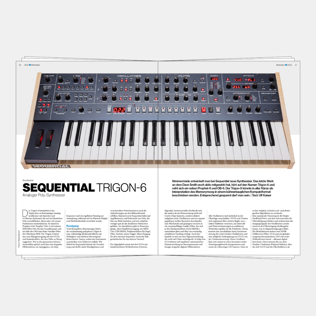 Einblick in die Ausgabe 96 des Synmag – Das Synthesizer Magazin. Hier zusehen ist der Synthesizer Sequential Trigon-6.
