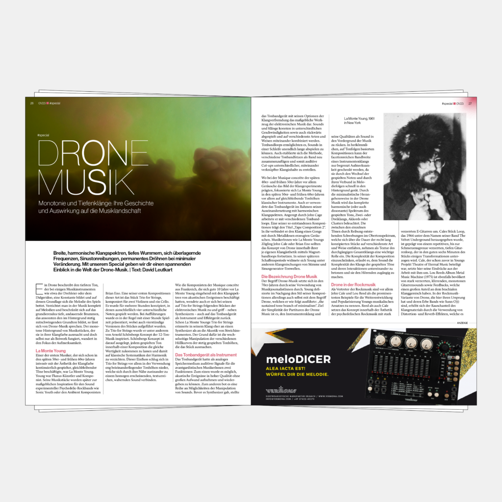 Einblick in die Ausgabe 96 des Synmag – Das Synthesizer Magazin. Hier zusehen ist das Special zu Drone Musik